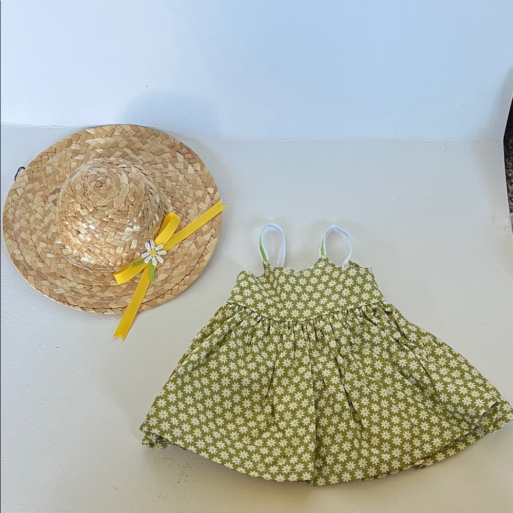 Green Floral Doll Dress with Straw Hat
